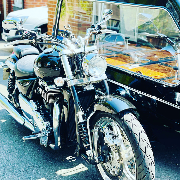 Motorbike hearse at a Love's Independent Funeral Directors funeral